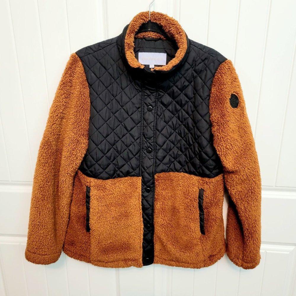 Madden Girl Womens XL Cozy Mixed Media Fleece Snap Up Jacket Toffee Black EUC